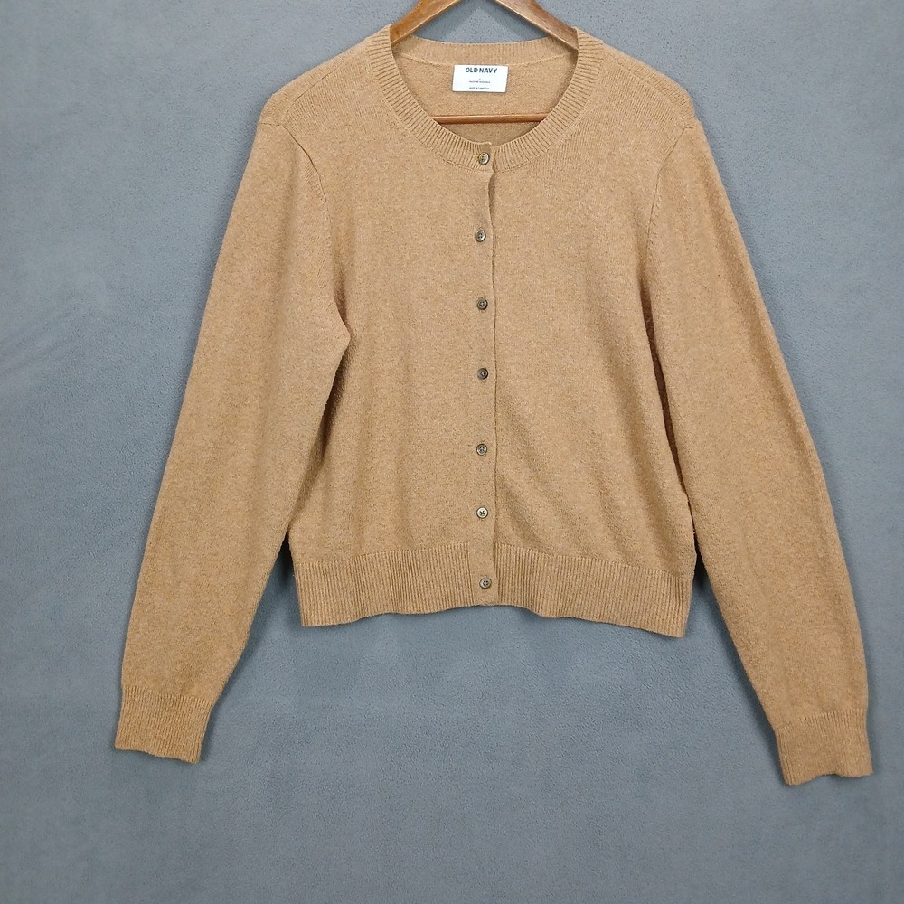 Old Navy Cardigan Sweater Womens Large Tan Brown Cotton Knit Ribbed Button Front